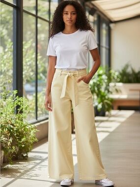 Forever 21 Cream High-Rise Wide Leg Pants with Belt